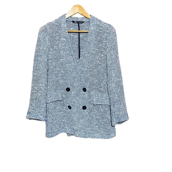 ZARA DOUBLE BREASTED BLUE & WHITE TEXTURED WEAVE KNIT BLAZER SIZE SMALL - Picture 3 of 7